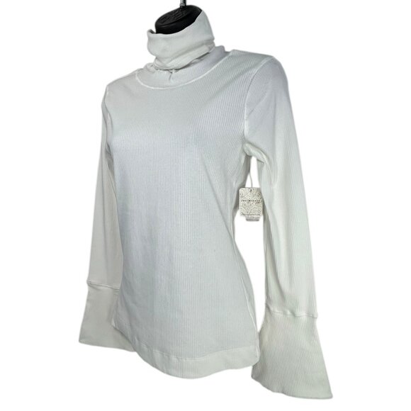 FREE PEOPLE Sydney Turtleneck Top XS Ivory White Rib Flare Sleeves Cotton Blend - Picture 3 of 8